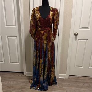 HEMANT & NANDITA Floral Maxi Dress in Red, Yellow, and Blue